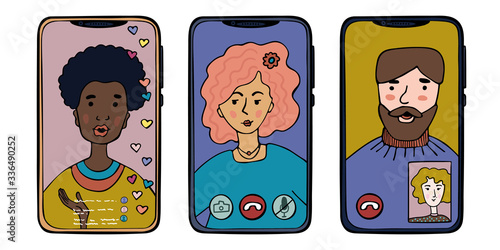 Phones with people using virtual communication. Video call, stories, video connection.