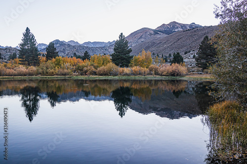 reflecctive mountain lake with pines aspens grass and mountain