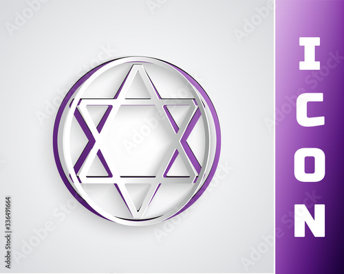Paper cut Star of David icon isolated on grey background. Jewish religion symbol. Symbol of Israel. Paper art style. Vector Illustration
