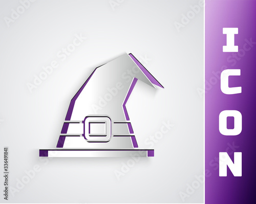 Paper cut Witch hat icon isolated on grey background. Happy Halloween party. Paper art style. Vector Illustration