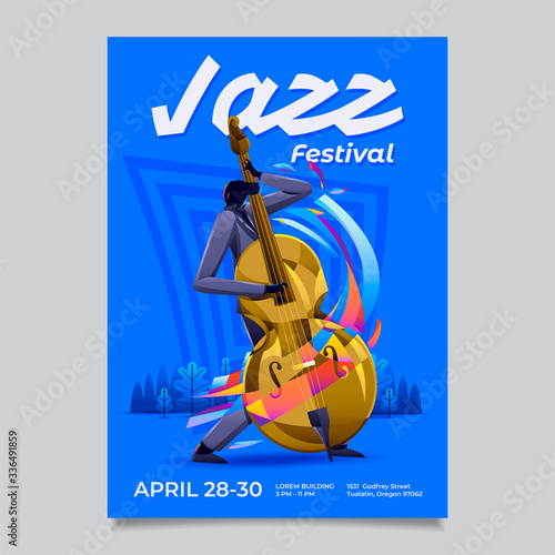 Jazz festival or event poster template, with musician playing bass music intrument illustration.