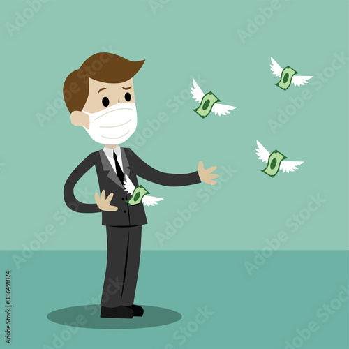 Businessman in medical mask losing his money. Money fly away like birds. Vector illustration. Coronavirus epidemic concept. Respiratory disease, virus spread.