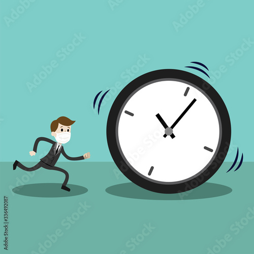 Businessman in medical mask late and running with clock or time. Losing time. Coronavirus epidemic concept. Respiratory disease, virus spread.