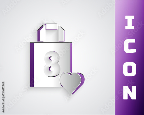 Paper cut Shopping bag with heart icon isolated on grey background. 8 March. International Happy Women Day. Paper art style. Vector Illustration
