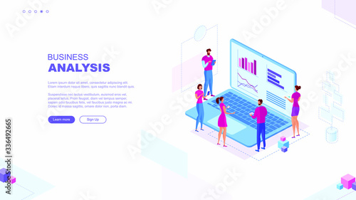 Trendy flat illustration. Business analysis page concept. Office workers planing business mechanism, analyze business strategy and exchange ideas. Template for your design works. Vector graphics.