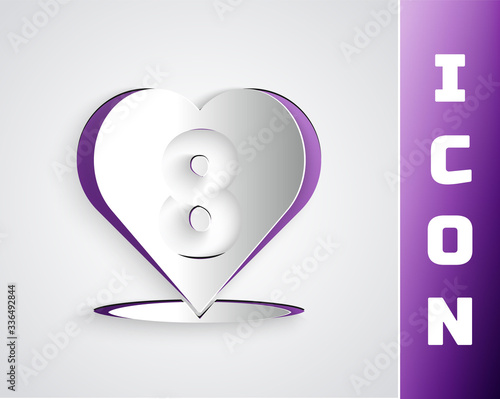 Paper cut Heart with 8 March icon isolated on grey background. Romantic symbol linked, join, passion and wedding. Happy Women Day. Paper art style. Vector Illustration