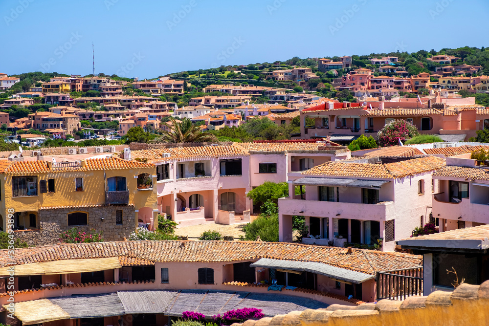 Porto Cervo, Sardinia, Italy - Panoramic view of luxury residences of Porto Cervo resort and yacht port at Costa Smeralda coast of Tyrrhenian Sea