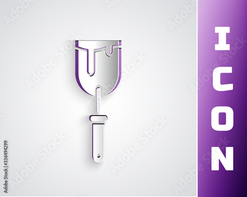 Paper cut Putty knife icon isolated on grey background. Spatula repair tool. Spackling or paint instruments. Paper art style. Vector Illustration