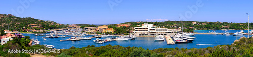 Porto Cervo, Sardinia, Italy - Panoramic view of luxury yacht port and docking facilities in Porto Cervo resort at the Costa Smeralda coast of Tyrrhenian Sea