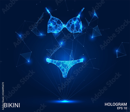 A hologram of a bikini. Bikini consists of polygons, triangles, points, and lines. Underwear is a low-poly joint structure. The technology concept.