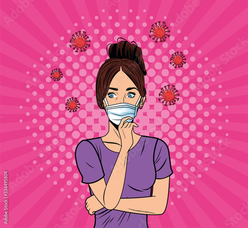 woman using face mask for covid19 pop art style