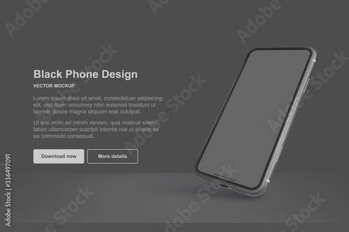 Black vector phone isolated on dark background. Realistic template. Mock up with empty screen for business presentations.