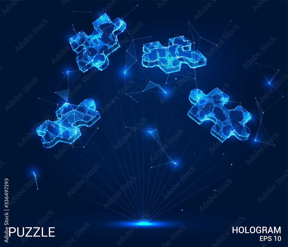 Hologram puzzles. Puzzles of polygons, triangles, points, and lines. Puzzles are low-poly connection structure. The technology concept.