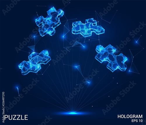 Hologram puzzles. Puzzles of polygons, triangles, points, and lines. Puzzles are low-poly connection structure. The technology concept.