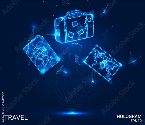 A hologram of travel. Travel from polygons, triangles, points, and lines. Vacation the low-poly joint structure. The technology concept.