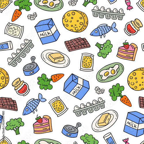 background. Hand drawn elementsVector colorful pattern on the theme of food, everyday products, supermarket. Background with isolated vegetables, dairy products, sweets, preservation, cheese, fish