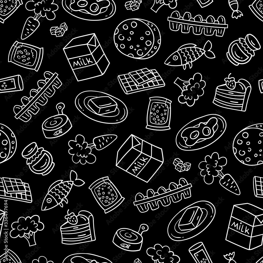 Vector pattern on the theme of food supermarket. Background with everyday products on black color Vector pattern on the theme of food supermarket. Background with everyday products on black color