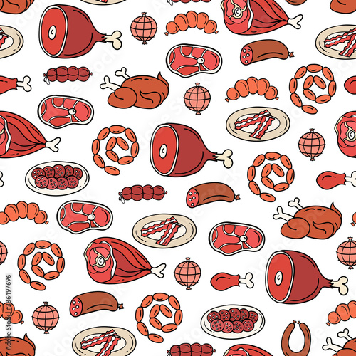 Vector colorful pattern on the theme of food. Background with isolated meat, sausage, chicken, pork, beef on white color