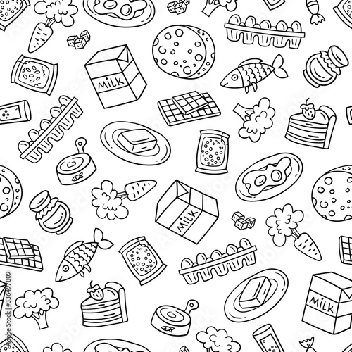 Vector pattern on the theme of food supermarket. Background with everyday products on white color