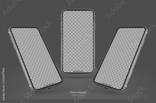Set of black vector phones isolated on black background. Realistic template. Mock up with empty screen for business presentations.