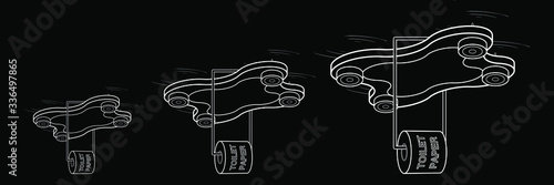 Black and White Drone Quadrocopter with Roll of Toilet Paper Isolated on Black Background. Aircraft Provides Necessary Delivery of Goods. Vector. 3D Illustration