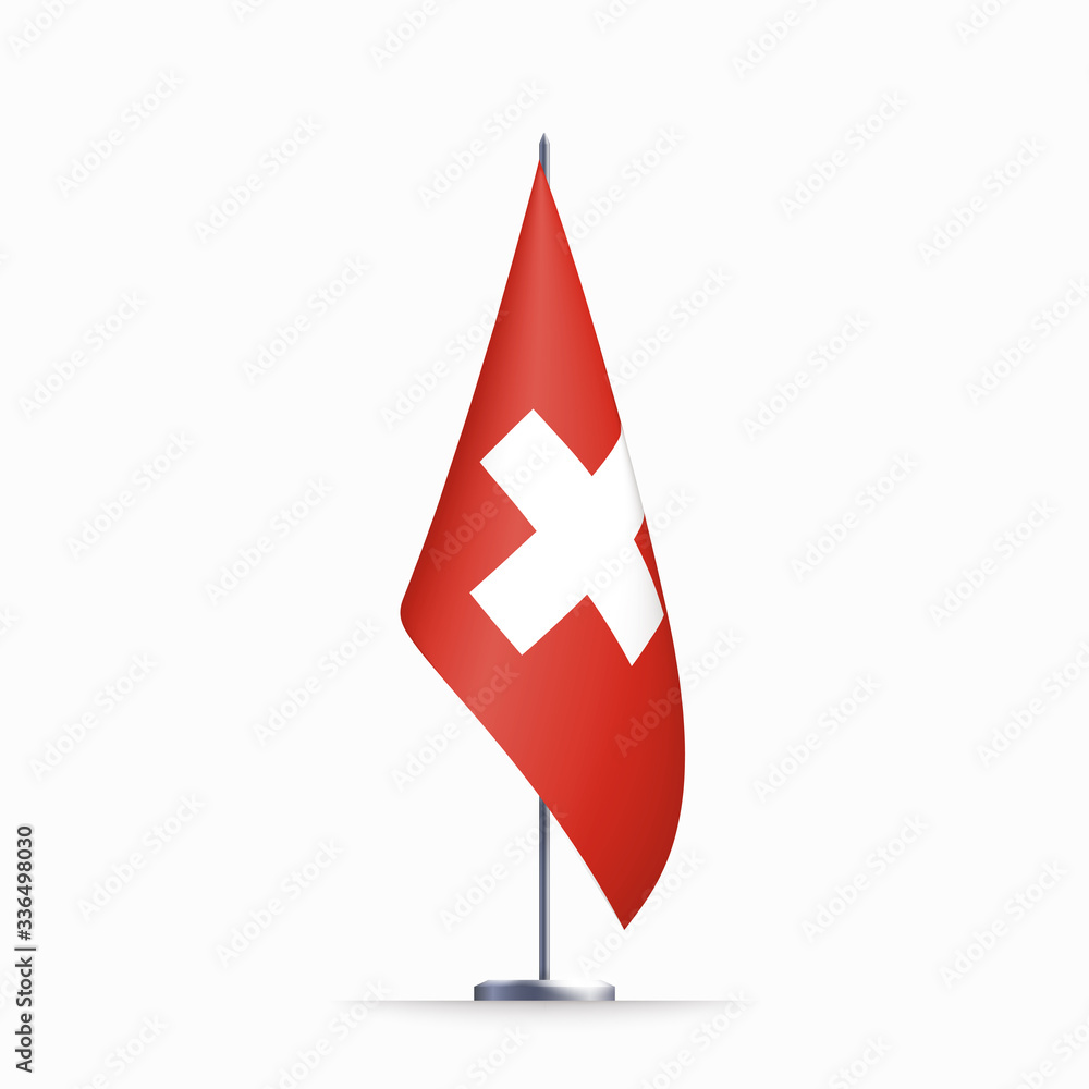 Obraz premium Switzerland flag state symbol isolated on background national banner. Greeting card National Independence Day of the Swiss Confederation. Illustration banner with realistic Switzerland state flag.