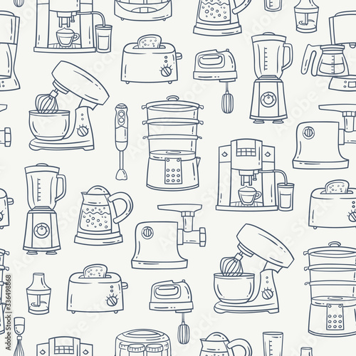 Vector pattern on the theme of kitchen appliances and electronics. Background with сooking technique on beige color. Line art