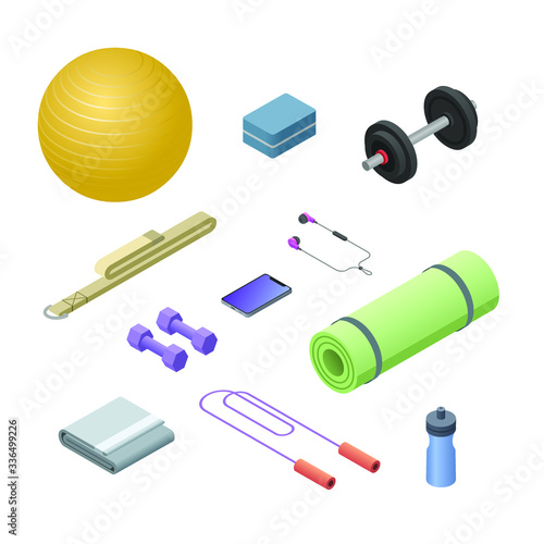 ector isometric set of fitness and yoga equipment with smartphone, wireless headphones. Sport at home anytime. 