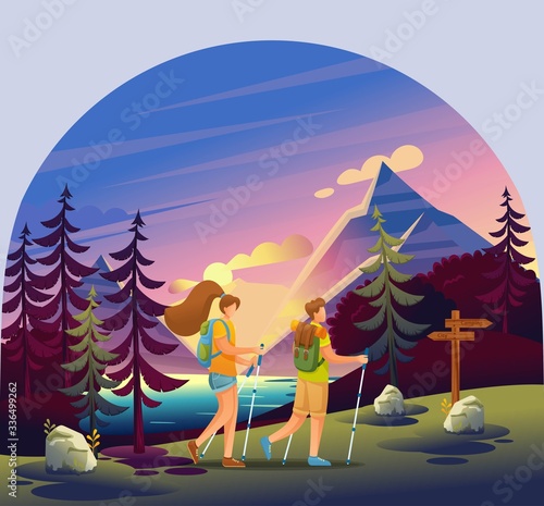 Active Recreation in the Forest. Man Walks Through the Forest Using the Route, Scandinavian Walking. Forest, Lake, Sunset, Mountains. Flat 2D Character