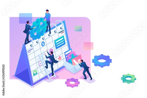 Isometric Businessmen make a business plan for the next month. Concept for web design
