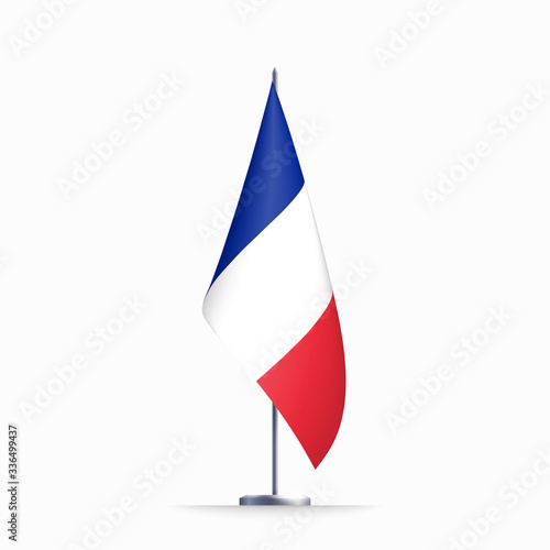 France flag state symbol isolated on background national banner. Greeting card National Independence Day of the French Republic. Illustration banner with realistic state flag of Fifth Republic France.