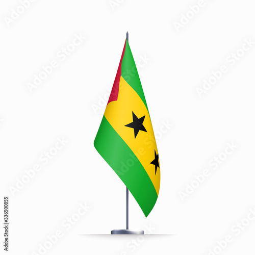 Sao Tome and Principe flag state symbol isolated on background national banner. Greeting card National Day Democratic Republic of Sao Tome and Principe. Illustration banner with realistic state flag.