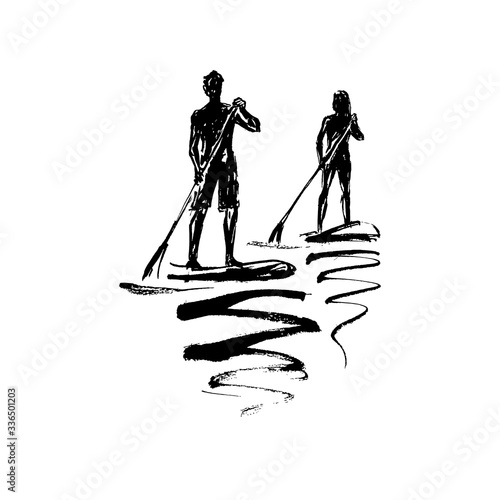 Man and woman on sup surf. Ink drawing.