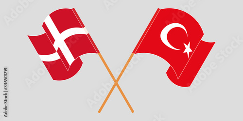 Crossed and waving flags of Turkey and Denmark
