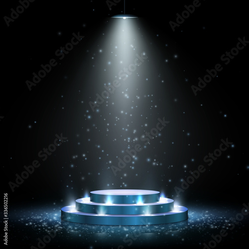 Realistic blue podium with lighting. Scene with for award ceremony on dark background. Vector illustration. Empty pedestal.