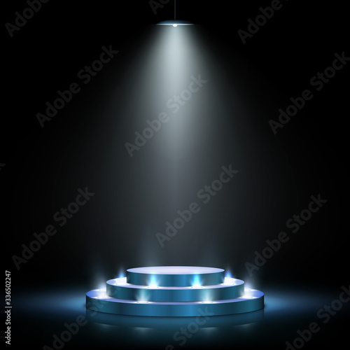 Realistic blue podium with lighting. Scene with for award ceremony on dark background. Vector illustration. Empty pedestal.