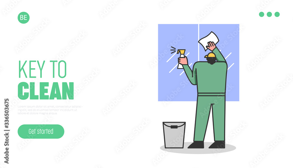 Worker In Uniform With Tools For Cleaning Windows. Website Landing Page. Man Clean And Rub Facade Windows Of Building Using Spray And Napkin. Web Page Cartoon Linear Outline Flat Vector Illustration