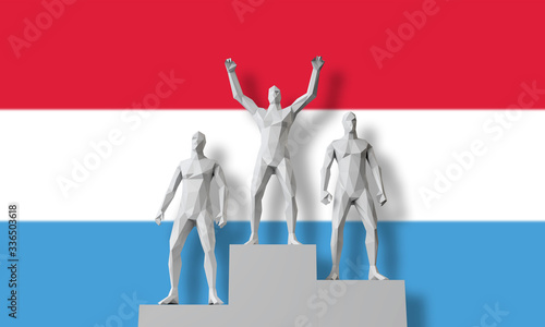 Luxembourg winner.People stood on a winners podium celebrating. 3D Render photo