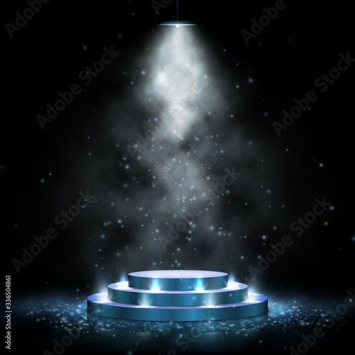 Podium with lighting. Scene with for award ceremony on dark background. Vector illustration. Empty pedestal.