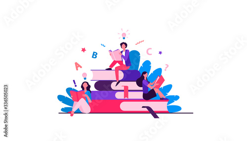 Students studying textbooks. Woman sitting on stack of books and reading. Vector illustration for library, bookworm, bookstore concept