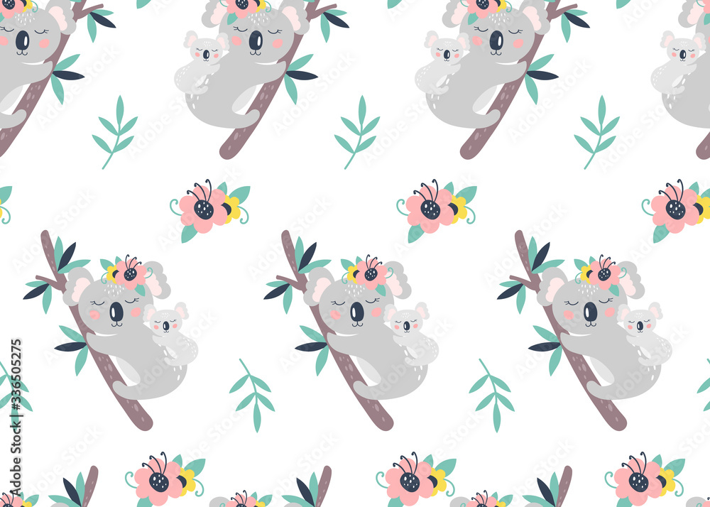 Fototapeta premium Seamless pattern with cute koala on a white background. Vector