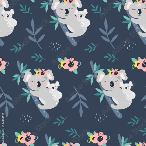 Seamless pattern with cute koala on a blue background. Vector