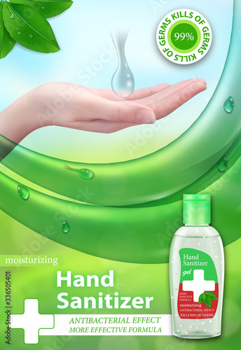 Hand Sanitizer gel ads. Antiseptic for hands in bottles. Antibacterial effect, best protection against viruses. Vertical banner. Vector