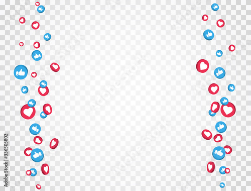 Like and thumbs up icons frame. Social media elements falling on transparent background. 3d social network symbol. Counter notification icons frame. Emoji reactions. Vector illustration