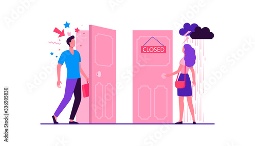 Woman standing in rain and thunderstorm at close door. Man coming by open door with festive confetti. Vector illustration for gender inequality, business discrimination, social issues concept