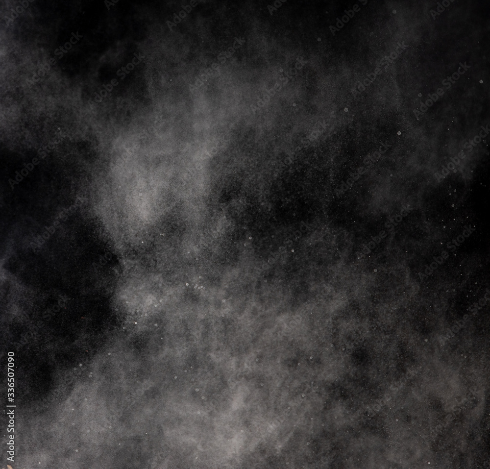White dust is scattered by an explosion on a black background, an abstract cluster of white particles, a snowstorm on a black background White dust is scattered by an explosion on a black background, an abstract cluster of white particles, a snowstorm on a black background