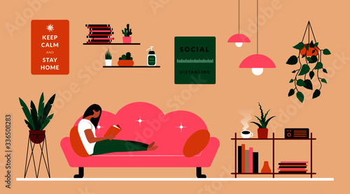 Quarantine stay home concept. Cozy apartment scandinavian interior girl reading book, abstract coronavirus self isolation design cartoon style. Vector isolated illustration