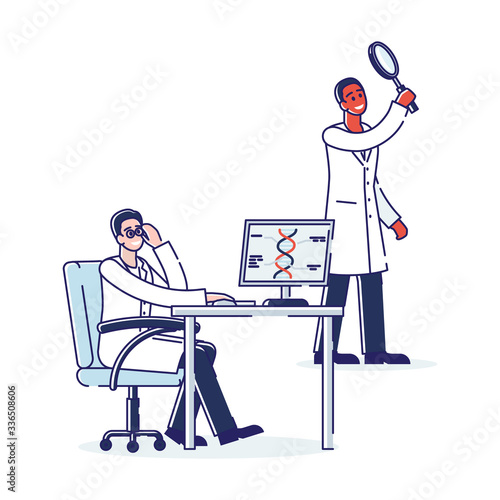 Genetic Engineering And Diagnosis Concept. Professional Scientists Researching Of Molecule DNA. Person Predisposition Genetic Disorder Determination. Cartoon Linear Outline Flat Vector Illustration