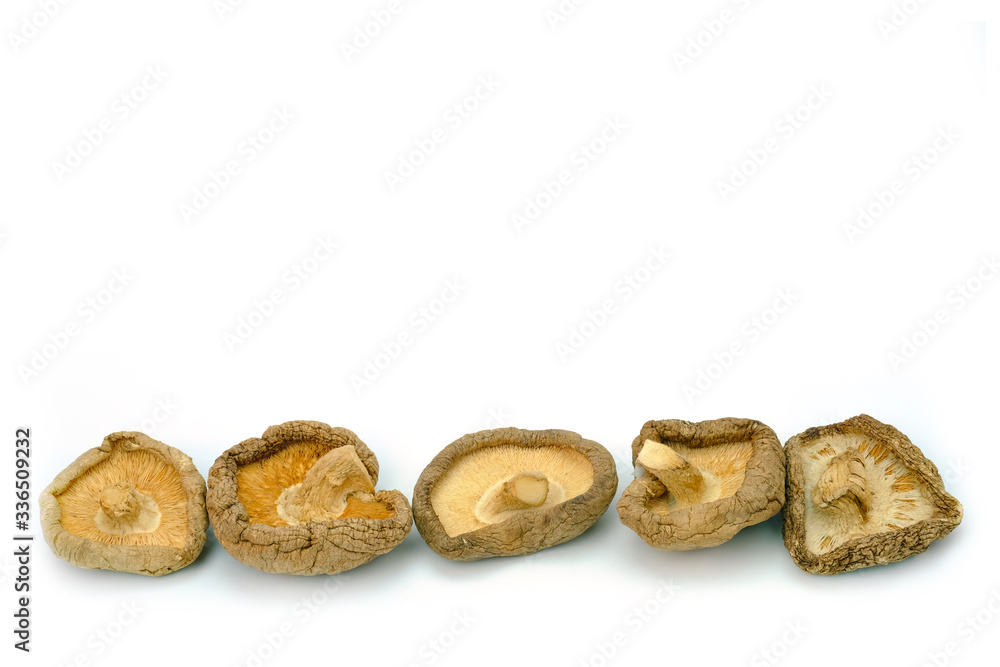 Dried Shiitake Mushrooms on white background. Dried Shiitake Mushrooms on white background.