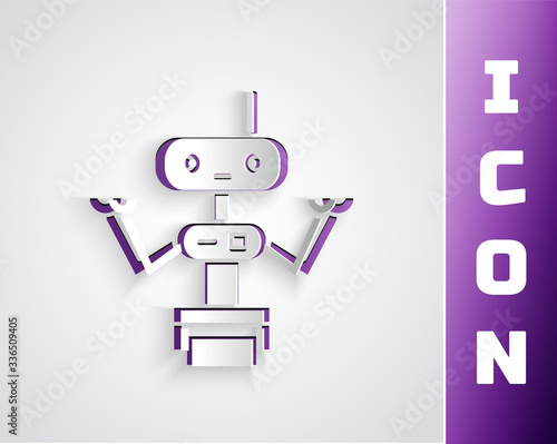 Paper cut Robot icon isolated on grey background. Paper art style. Vector Illustration